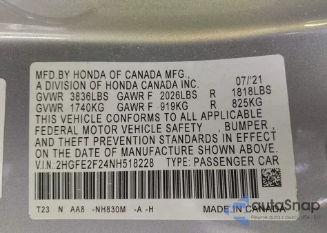 2022 Honda Civic Lx z USA, uszkodzony, nr VIN 2HGFE2F24NH518228